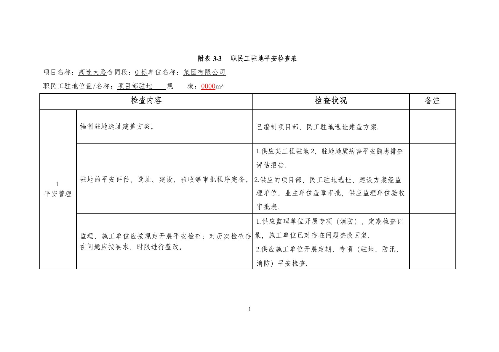 (项目部驻地)职民工驻地安全检查表