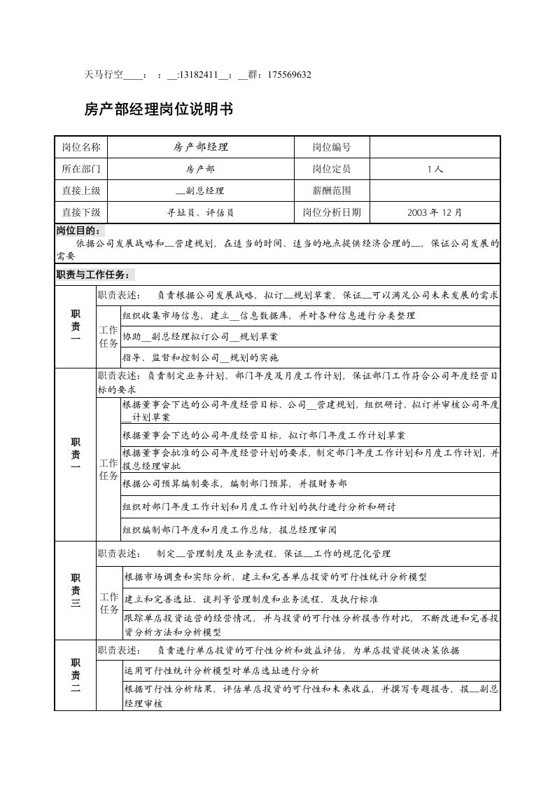 餐饮企业房产部经理岗位说明书