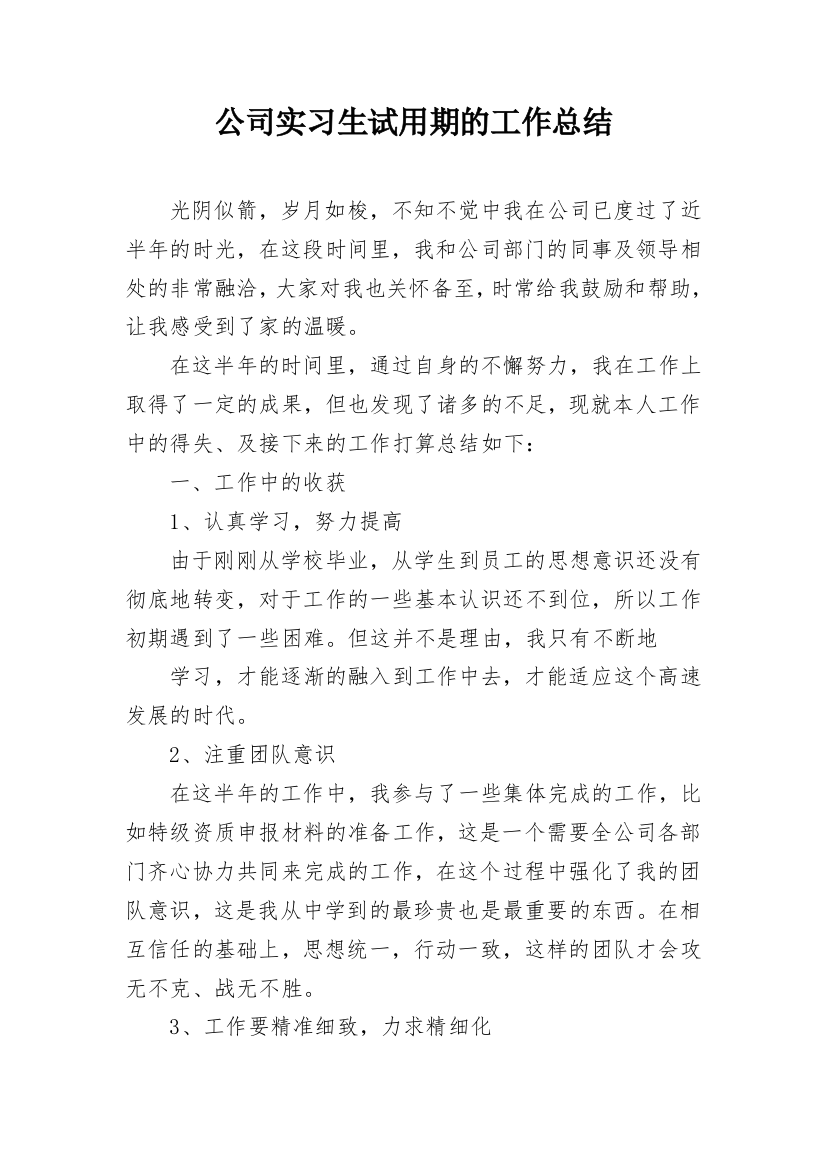 公司实习生试用期的工作总结