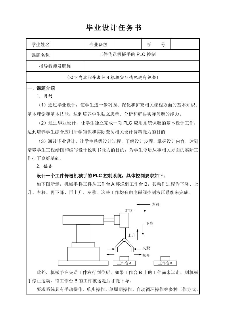 毕业设计任务书工件传送机械手的plc控制