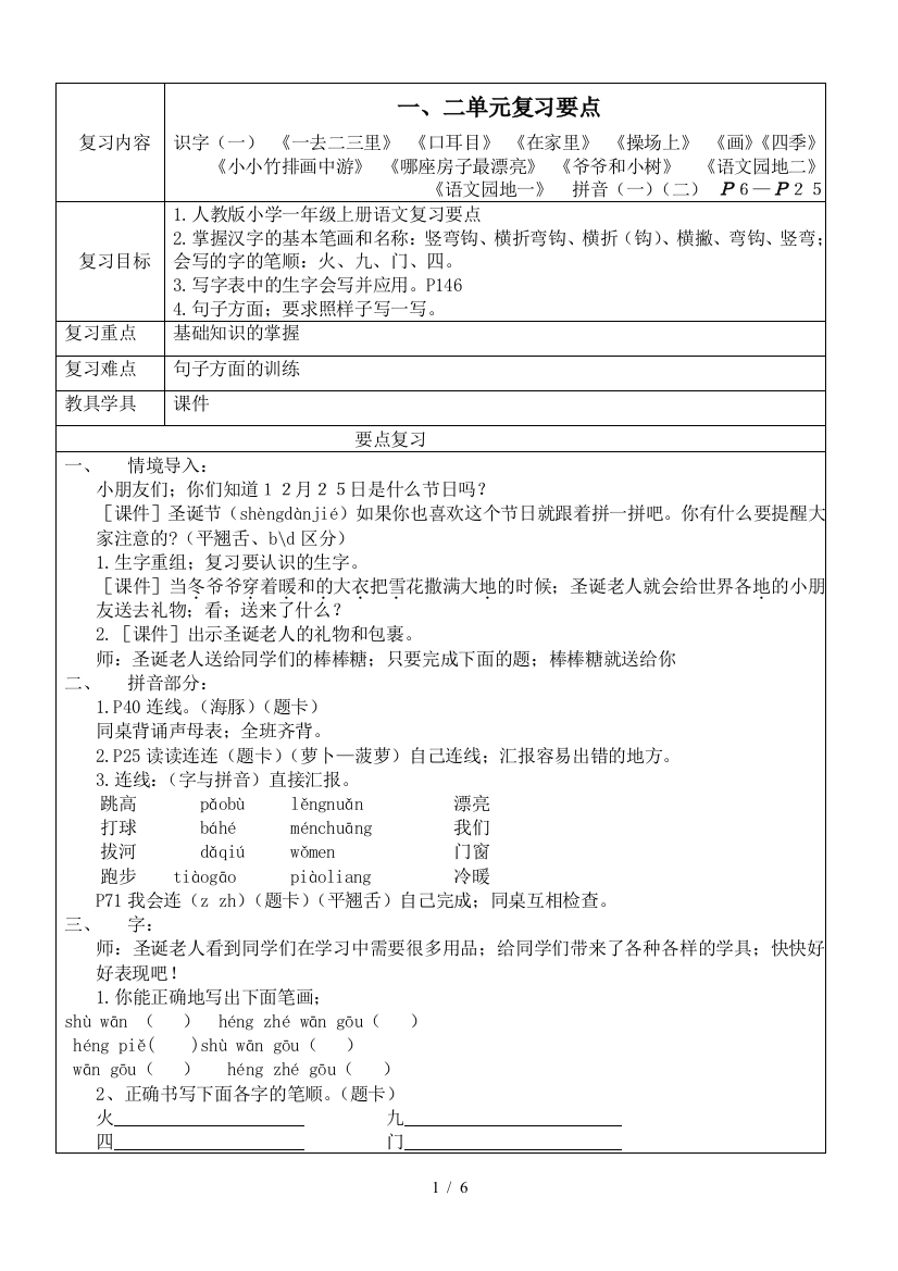 人教版小学一年级上册语文复习要点