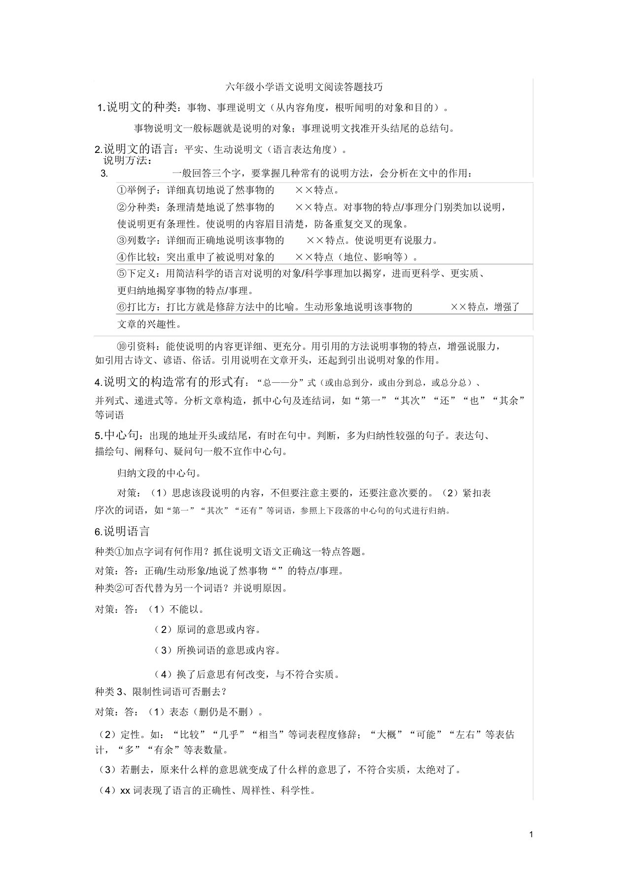 版六年级小学语文说明文阅读答题技巧