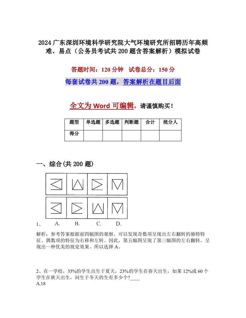 2024广东深圳环境科学研究院大气环境研究所招聘历年高频难、易点（公务员考试共200题含答案解析）模拟试卷