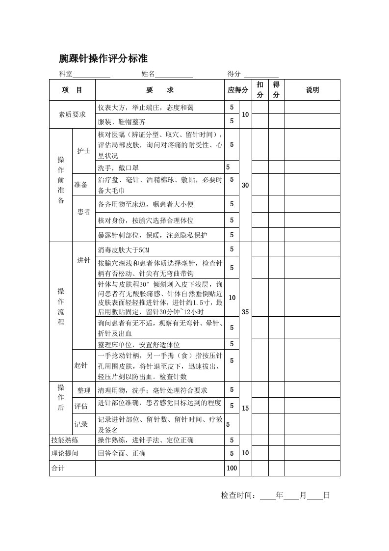 腕踝针操作评分标准