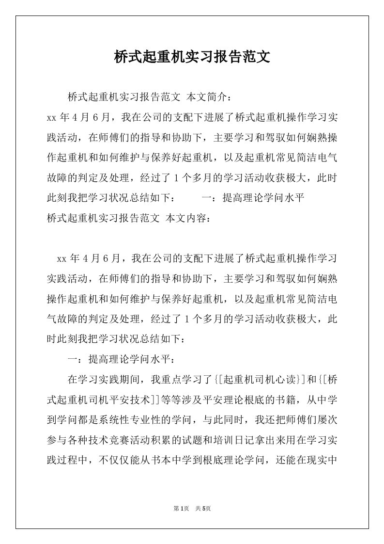 桥式起重机实习报告范文