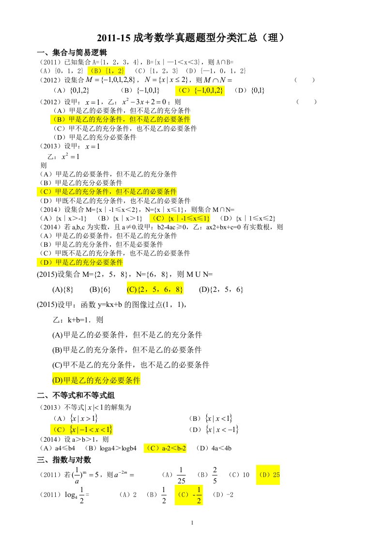 2011-2015历年成人高考数学真题分类汇总(理)