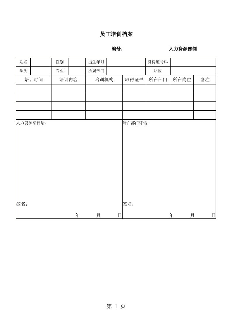 员工培训档案（表格模板、doc格式）