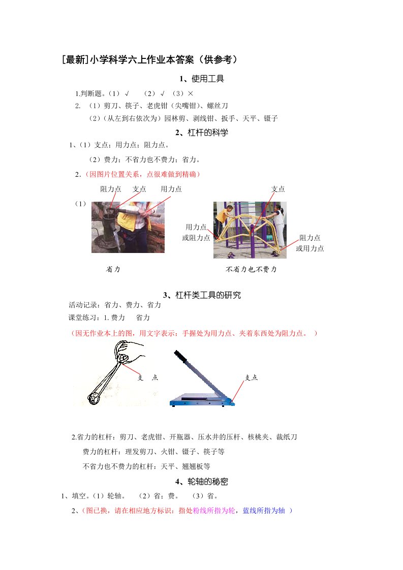 小学科学六上作业本答案