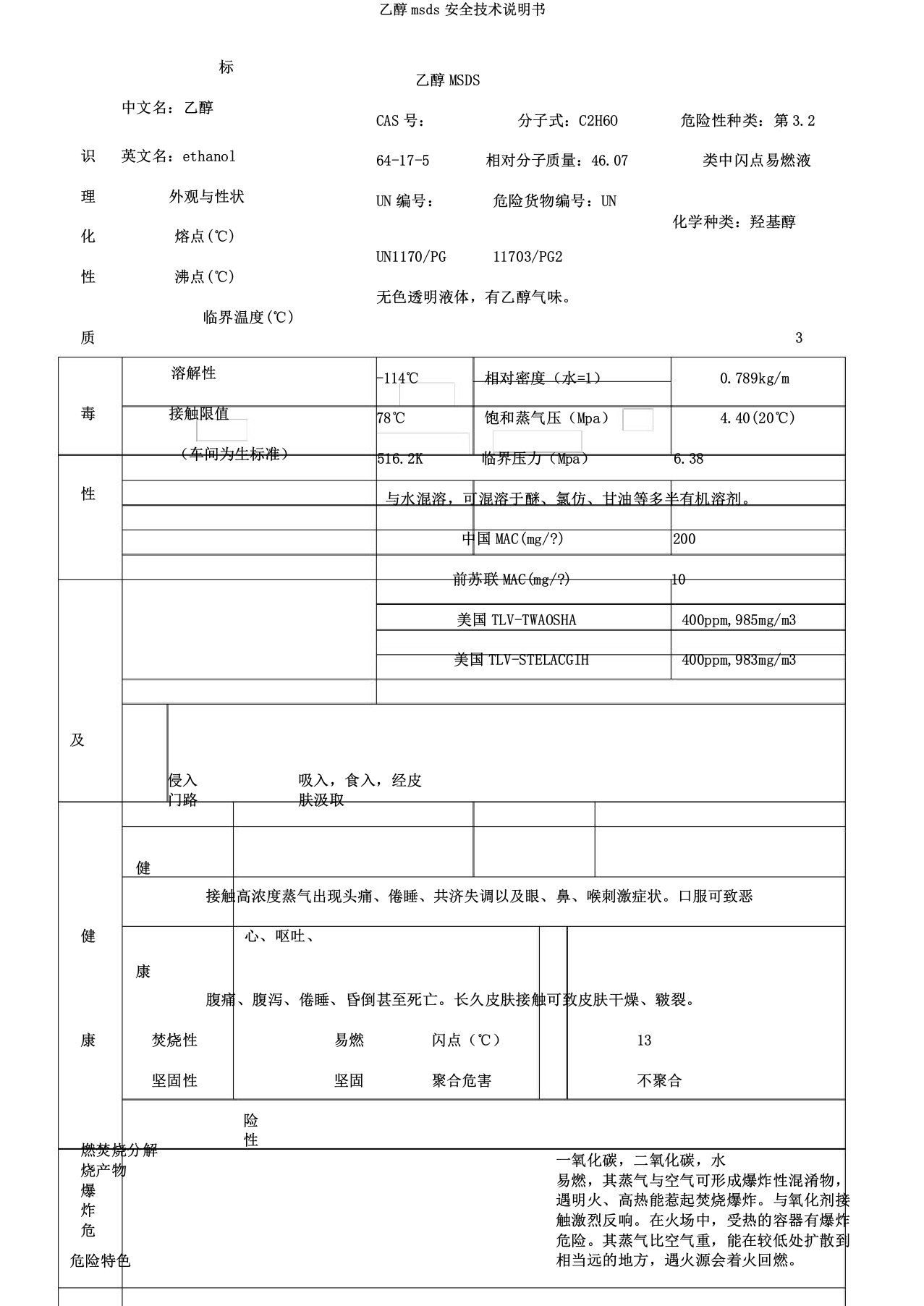 乙醇msds安全技术说明书