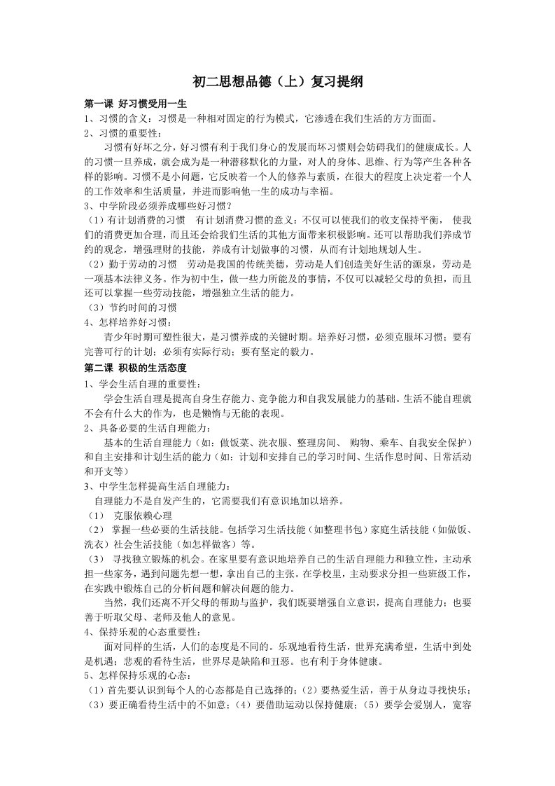 八年级思想品德复习提纲苏教版