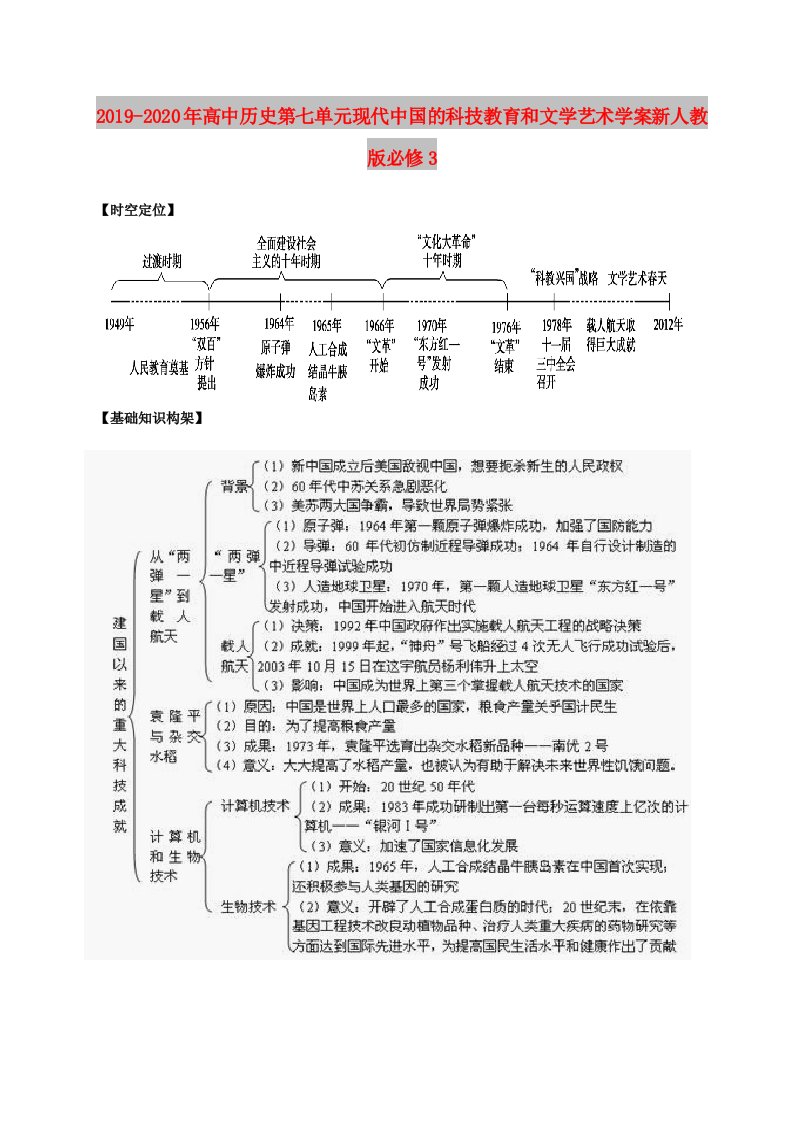 2019-2020年高中历史第七单元现代中国的科技教育和文学艺术学案新人教版必修3