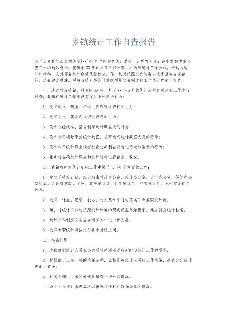 总结报告乡镇统计工作自查报告