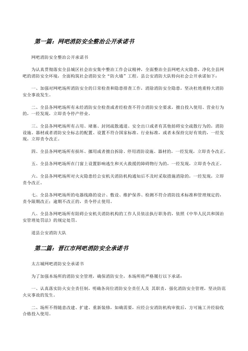 网吧消防安全整治公开承诺书[修改版]