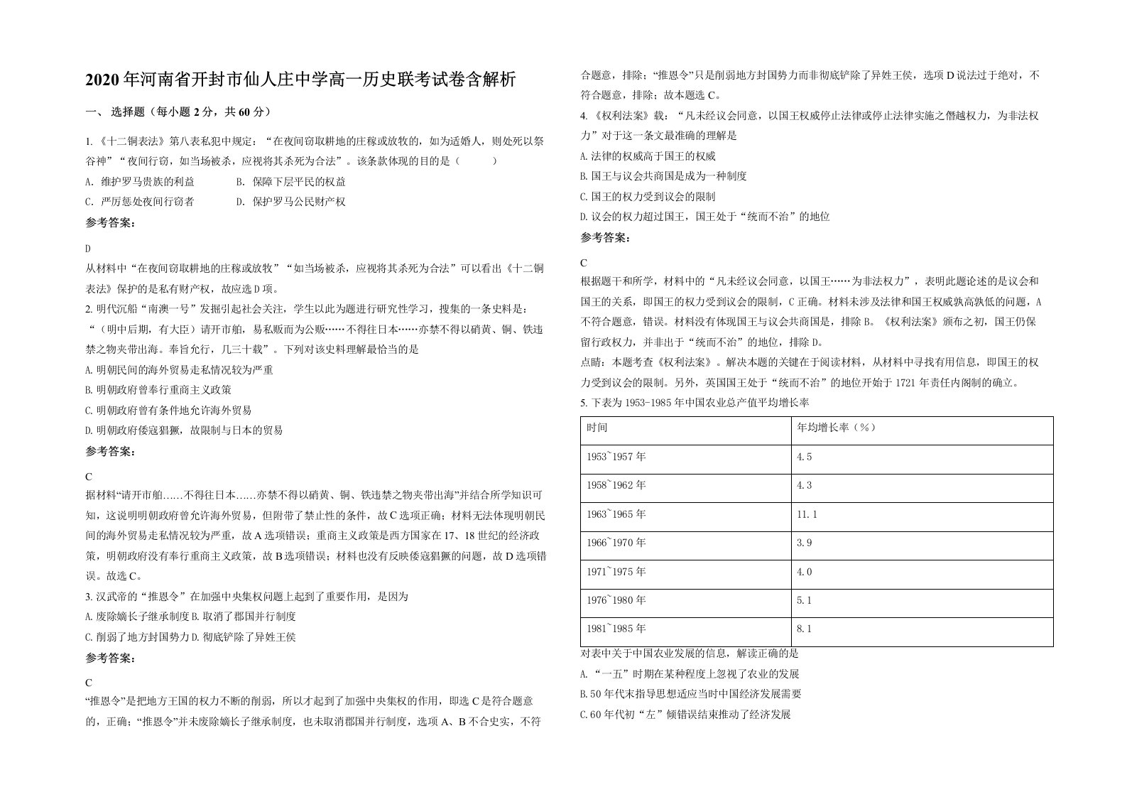 2020年河南省开封市仙人庄中学高一历史联考试卷含解析