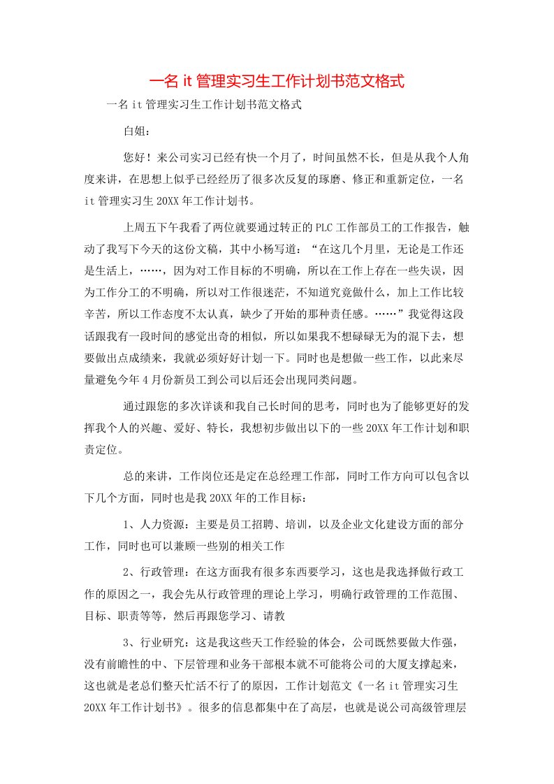 一名it管理实习生工作计划书范文格式