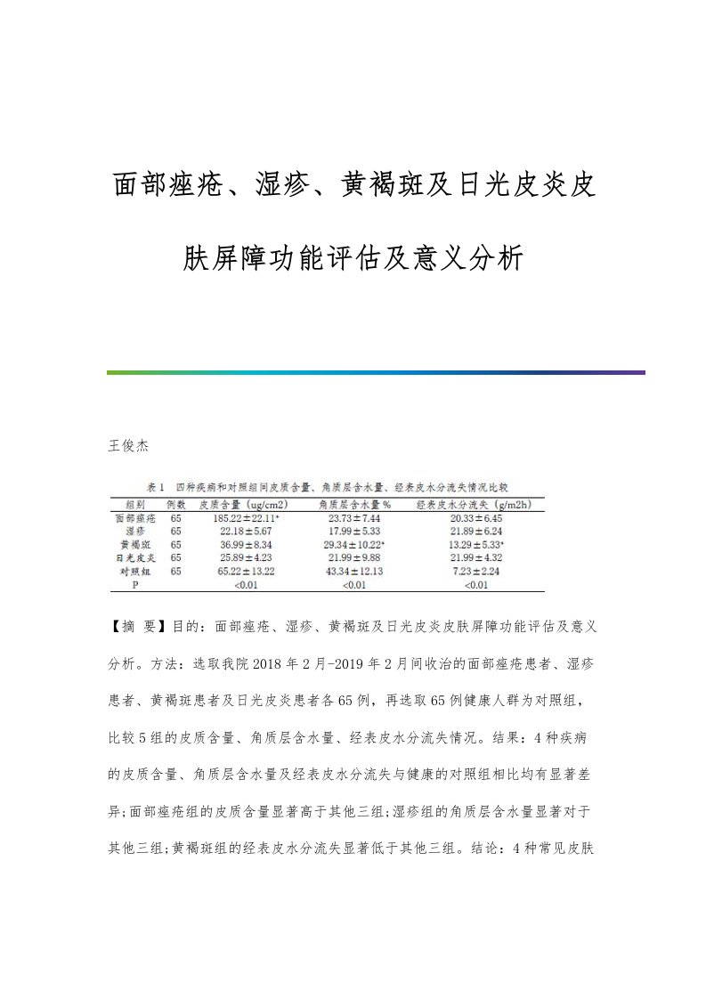 面部痤疮、湿疹、黄褐斑及日光皮炎皮肤屏障功能评估及意义分析