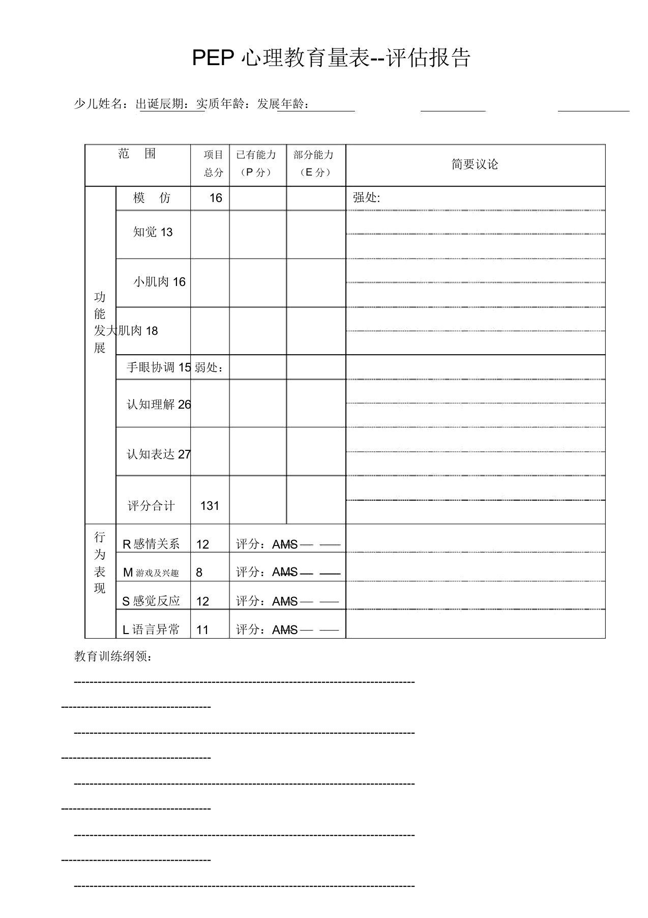 PEP心理教育量标准表格评估报告总结计划