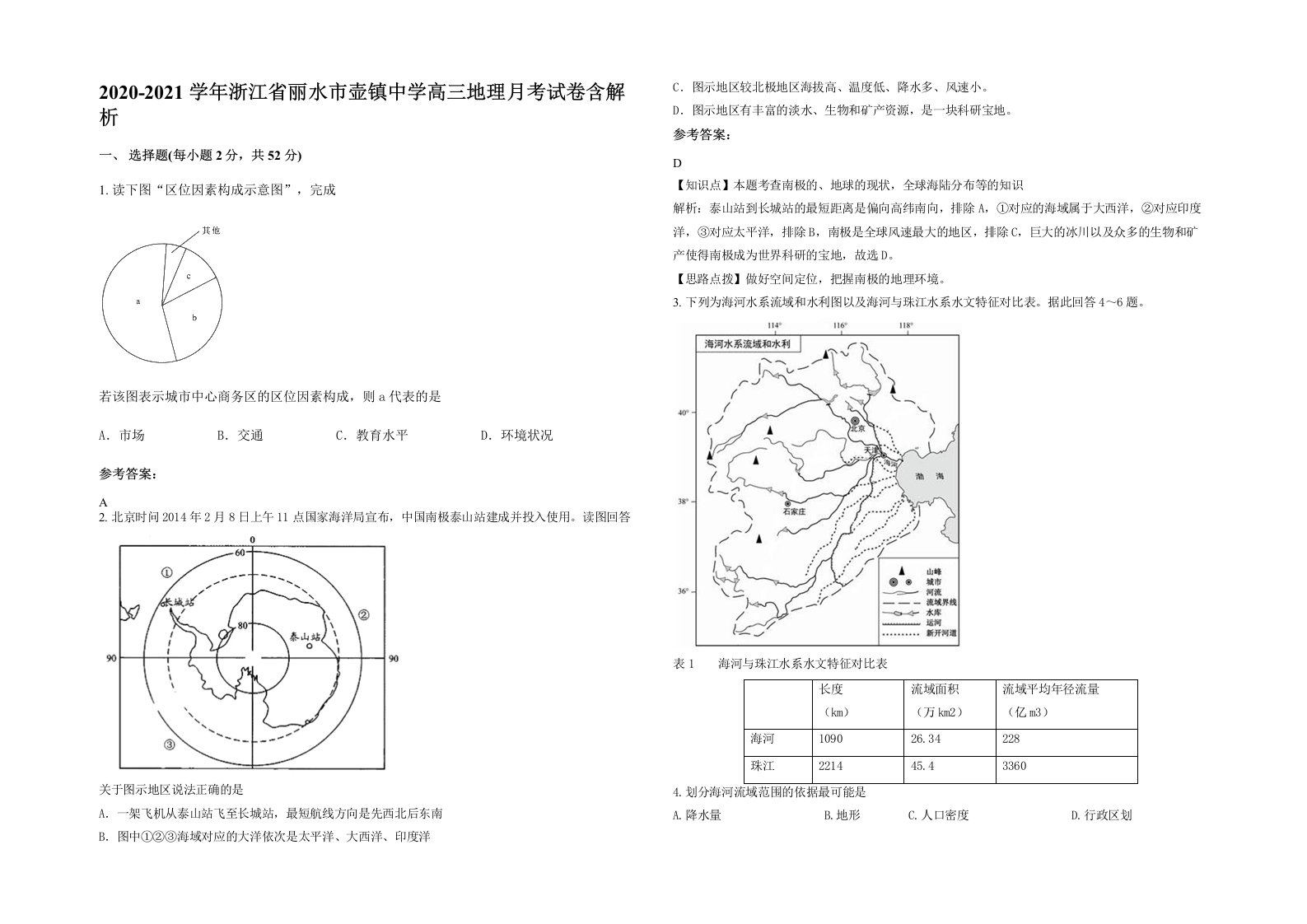 2020-2021学年浙江省丽水市壶镇中学高三地理月考试卷含解析