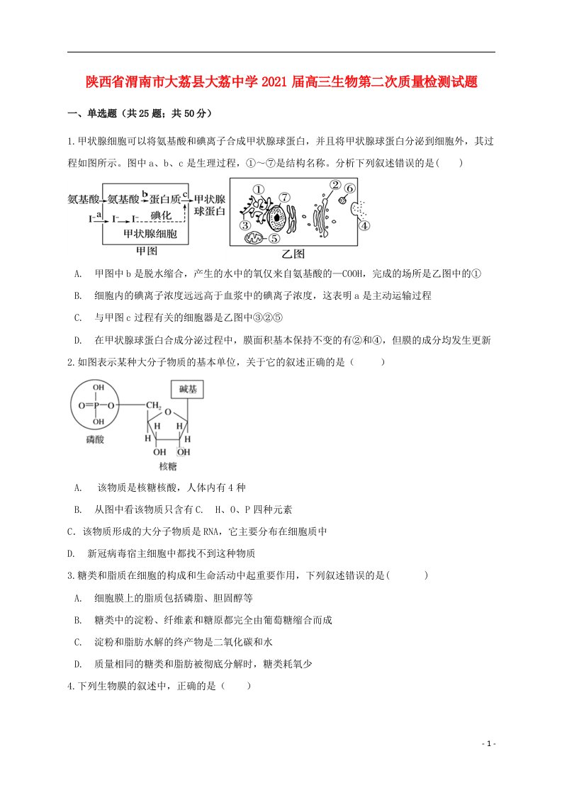 陕西省渭南市大荔县大荔中学2021届高三生物第二次质量检测试题