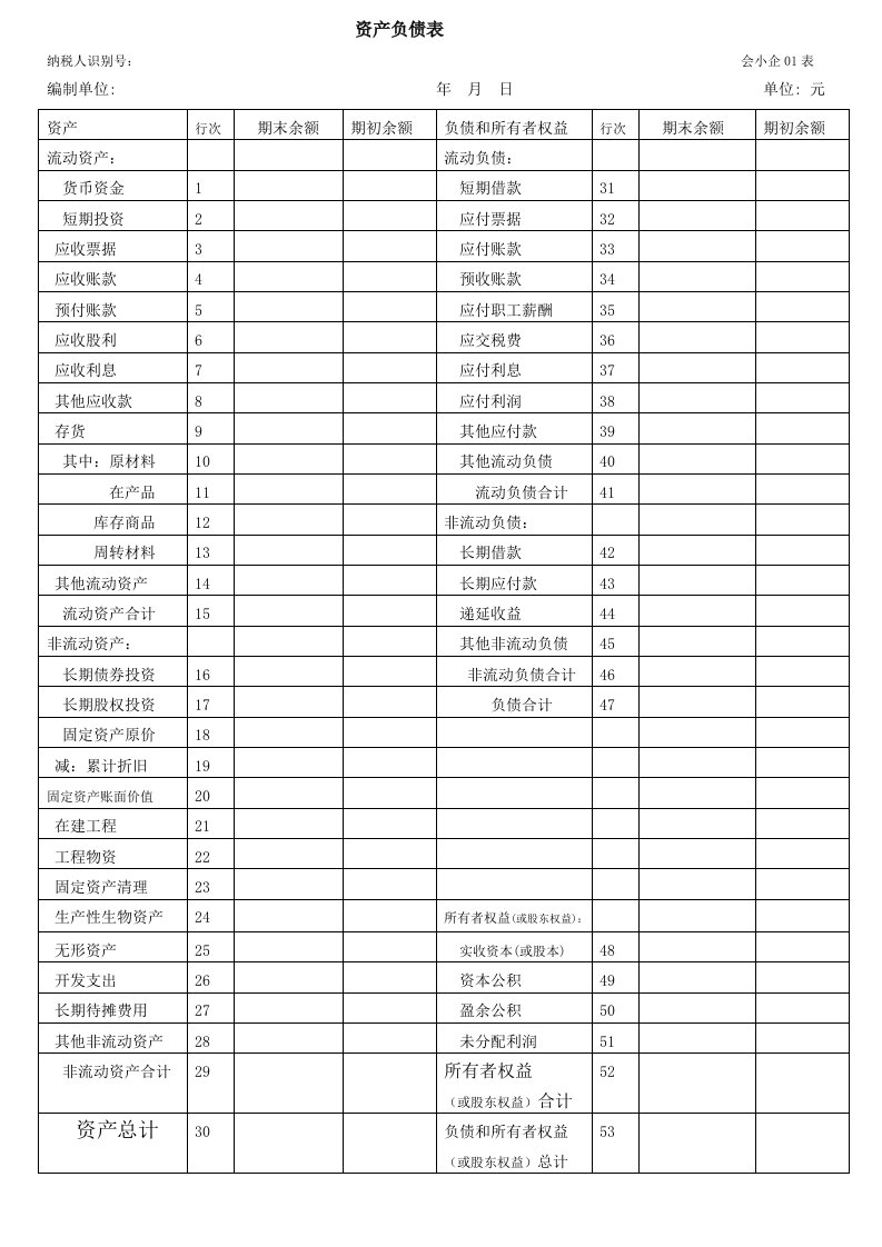 小企业会计准则报表模版