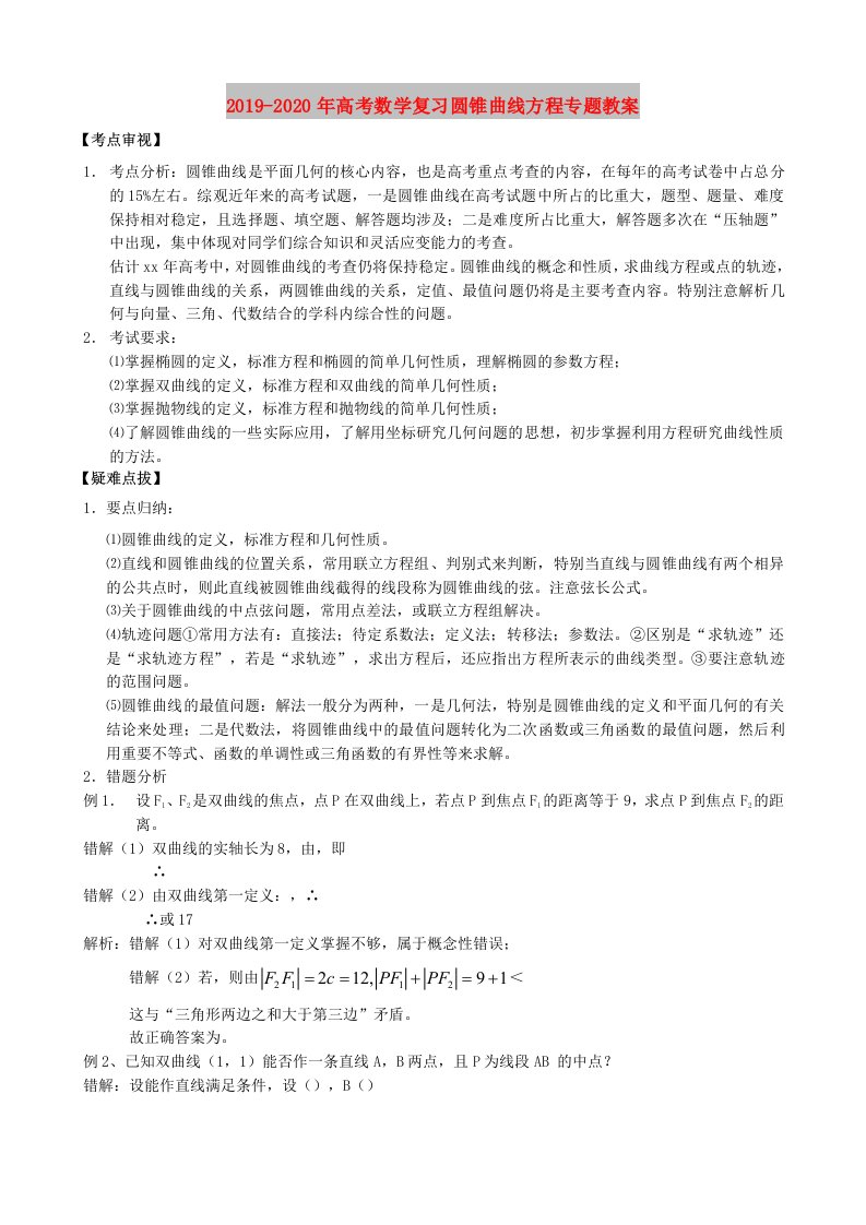 2019-2020年高考数学复习圆锥曲线方程专题教案