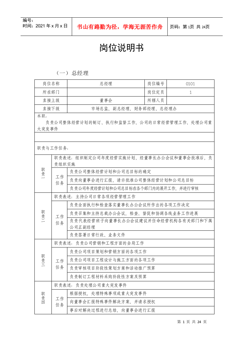 【职位描述】岗位说明书