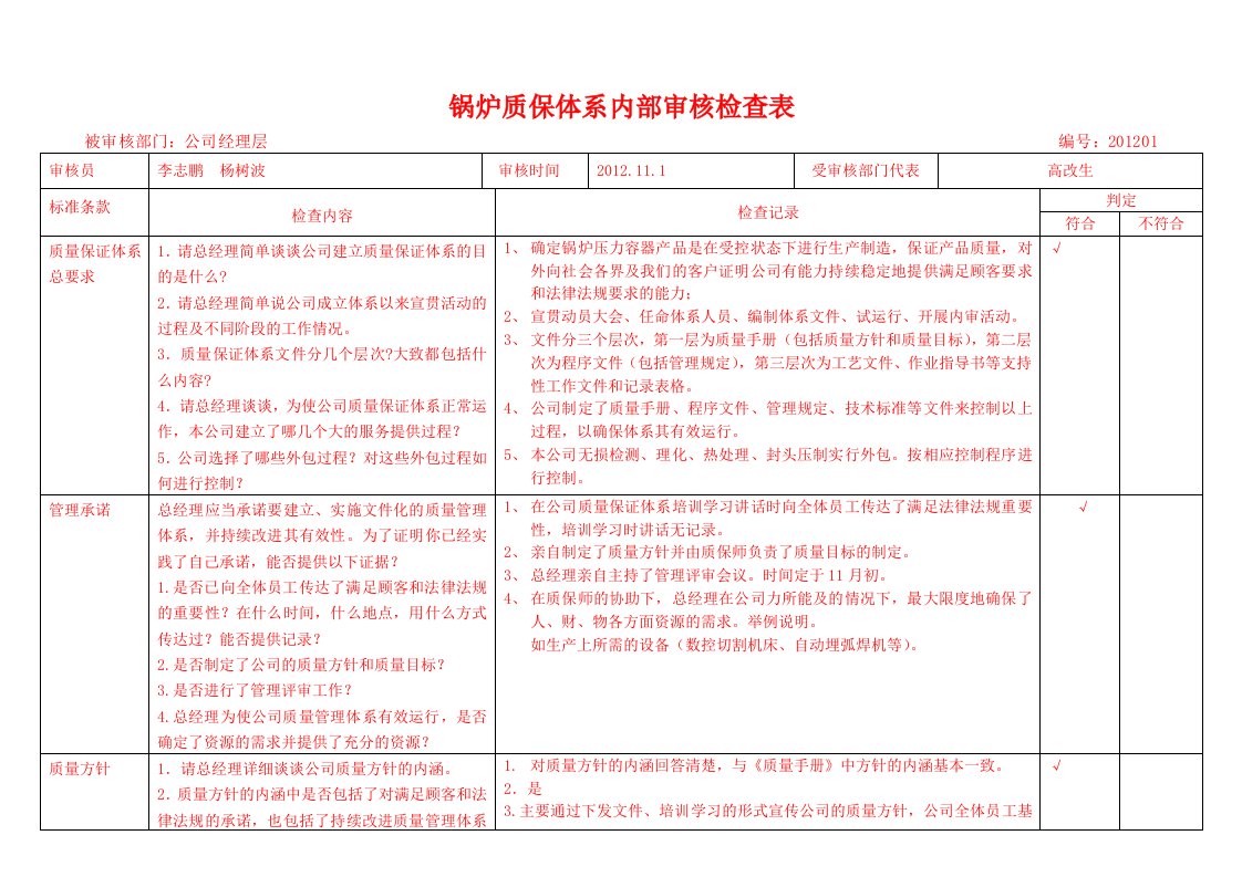 锅炉质保体系内部审核检查表