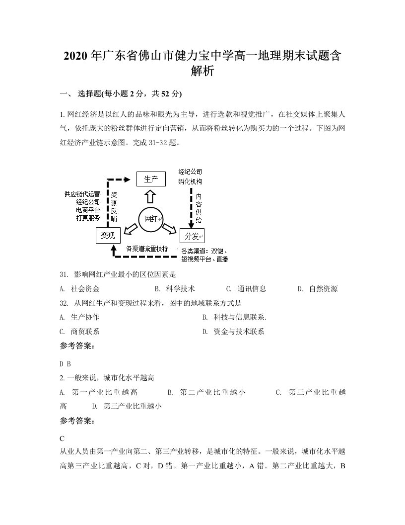 2020年广东省佛山市健力宝中学高一地理期末试题含解析