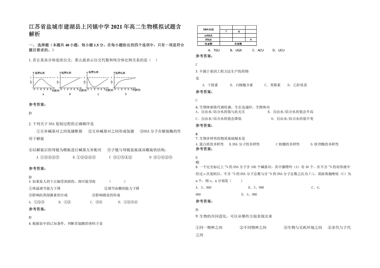 江苏省盐城市建湖县上冈镇中学2021年高二生物模拟试题含解析