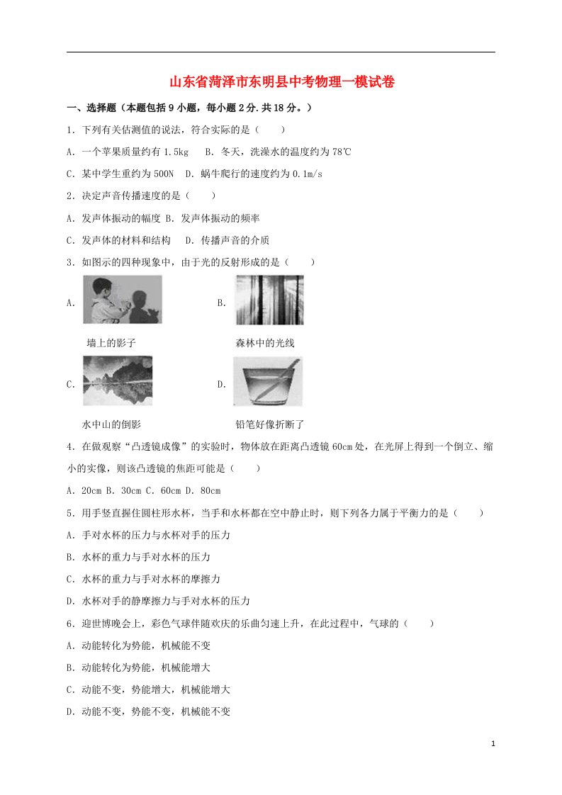 山东省菏泽市东明县中考物理一模试题（含解析）