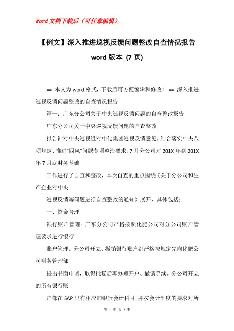 例文深入推进巡视反馈问题整改自查情况报告word版本7页