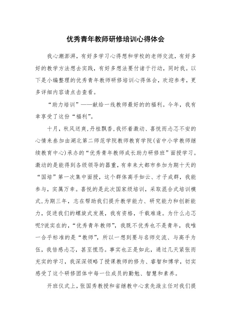 优秀青年教师研修培训心得体会