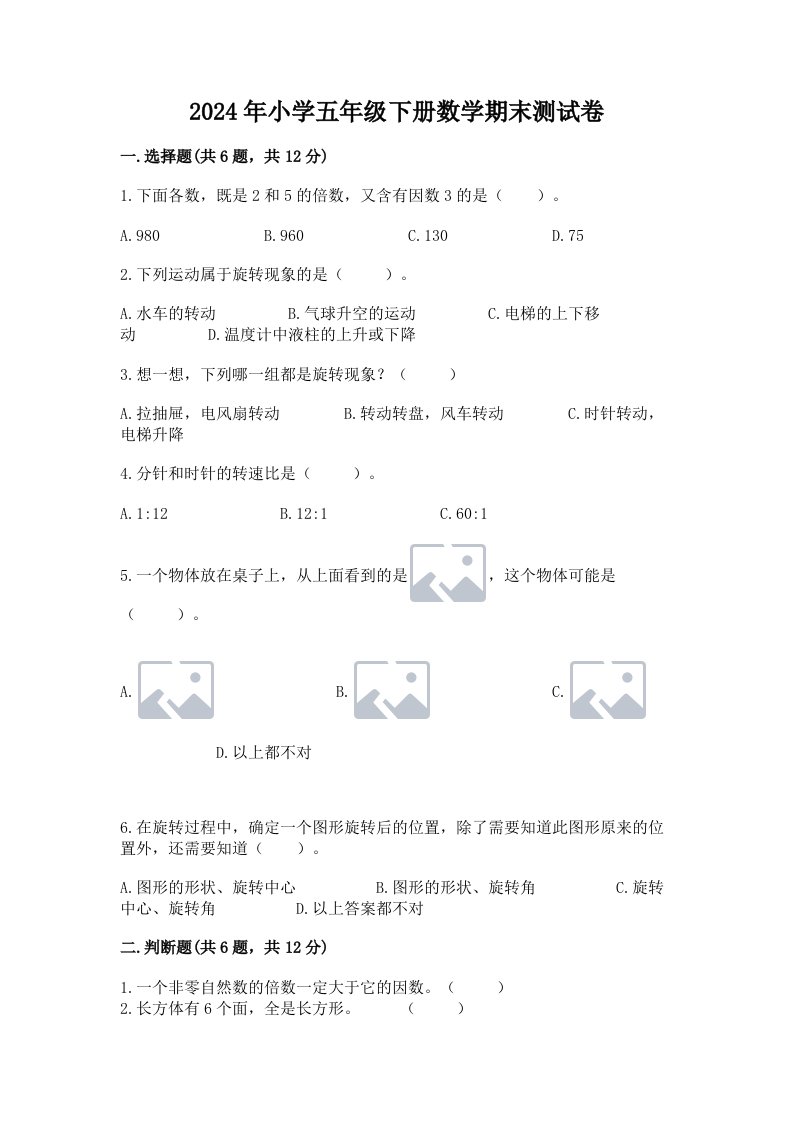 2024年小学五年级下册数学期末测试卷附参考答案（培优）