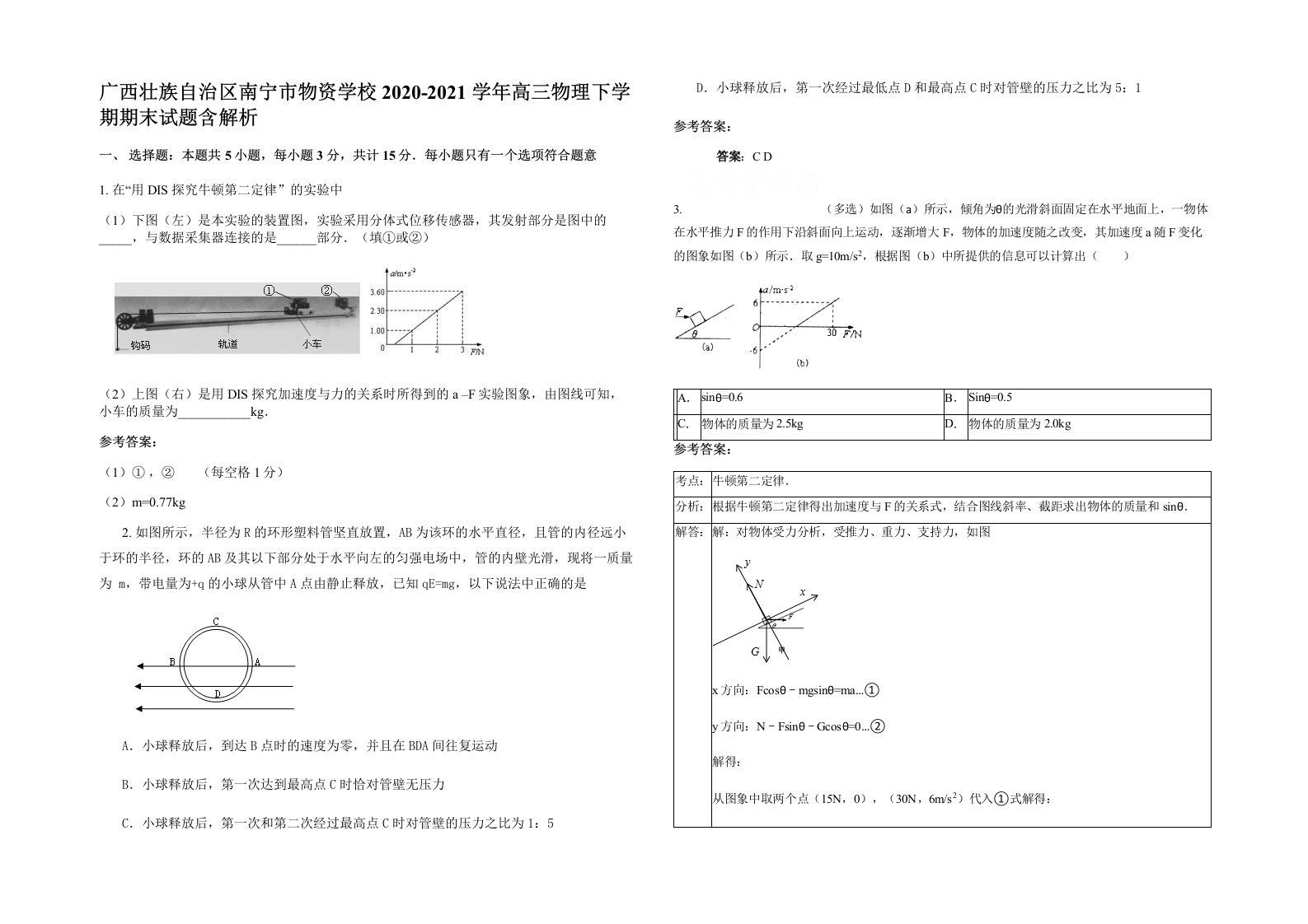 广西壮族自治区南宁市物资学校2020-2021学年高三物理下学期期末试题含解析