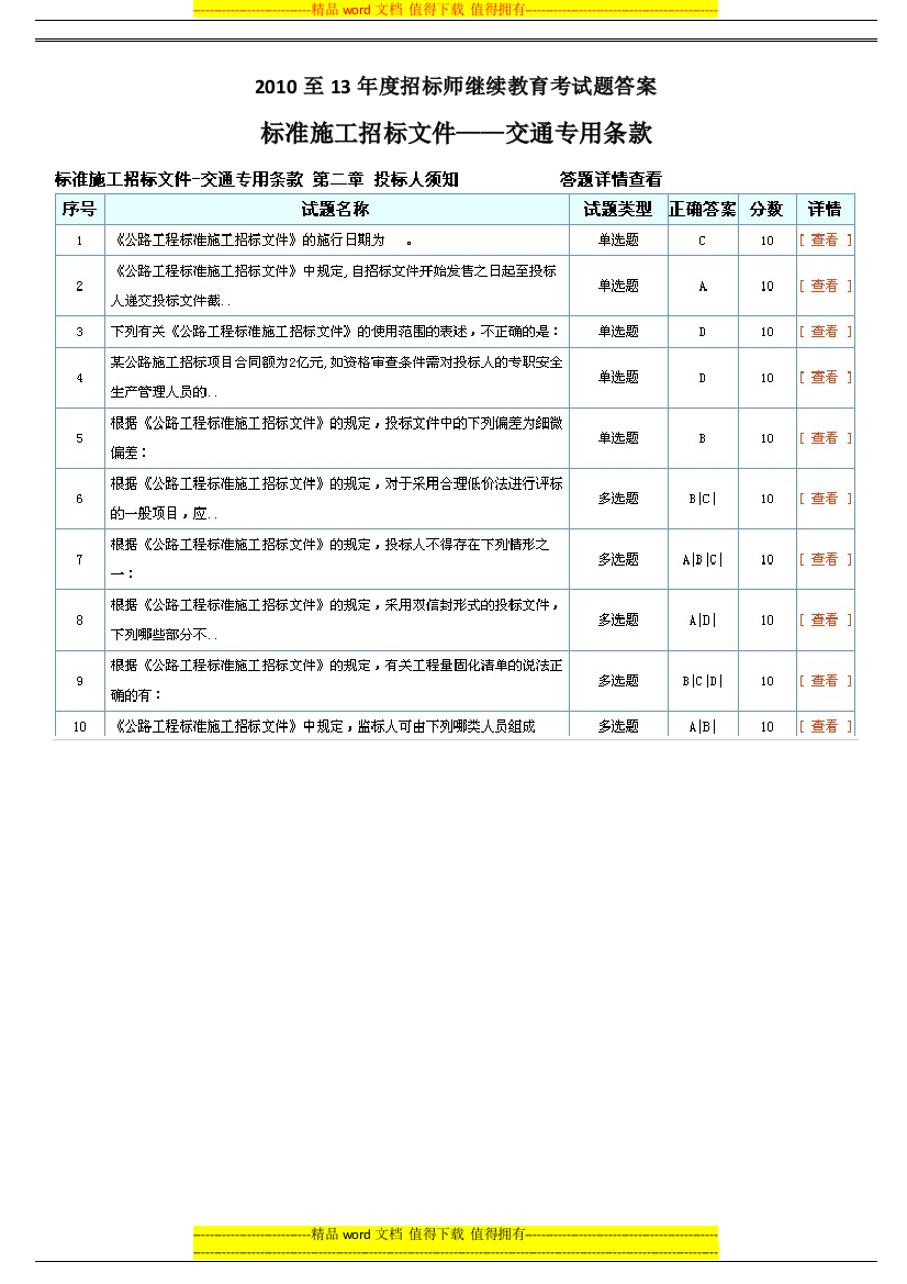 2010-13年度招标师继续教育“标准施工招标文件——交通专用条款”考试答案