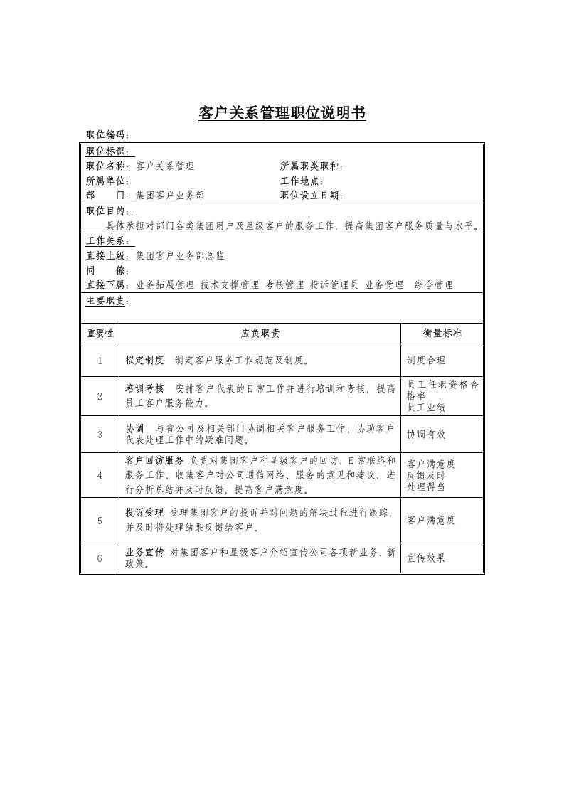 客户关系管理岗位说明书