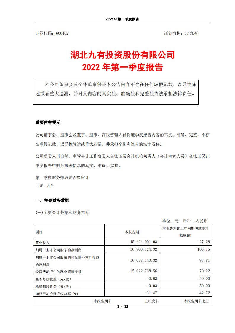 上交所-湖北九有投资股份有限公司2022年第一季度报告-20220428