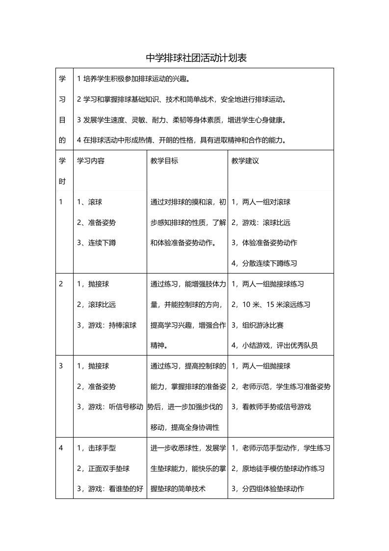 中学排球社团活动计划表