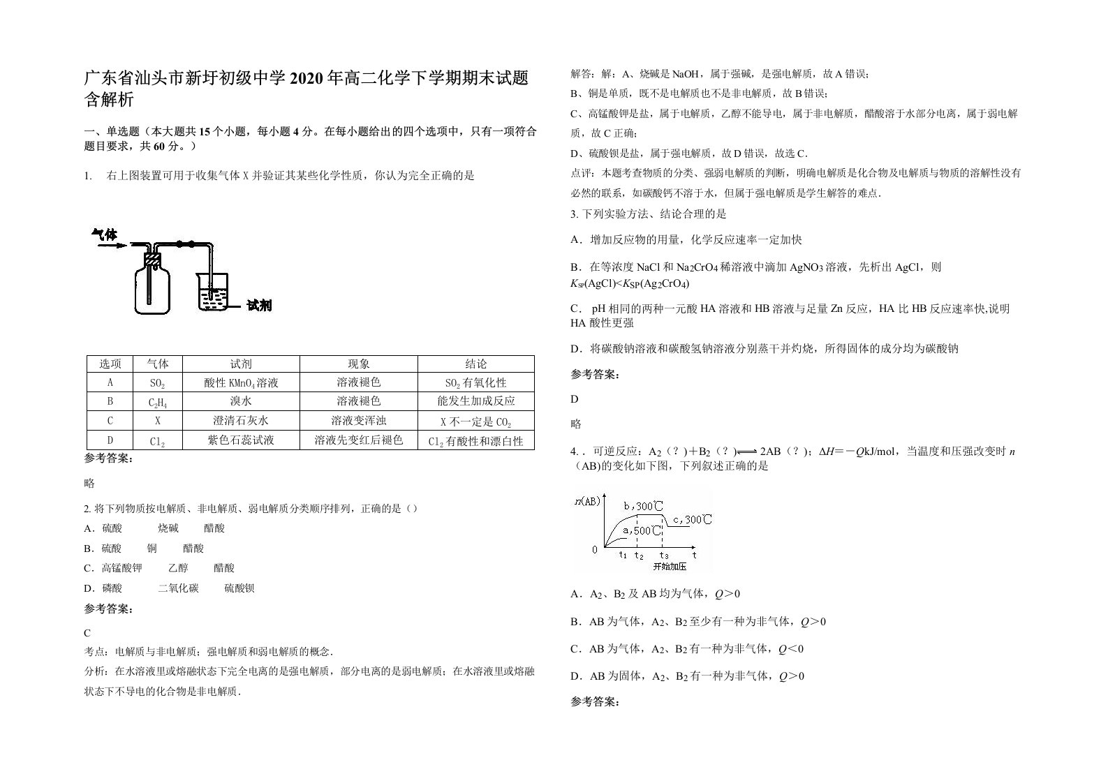 广东省汕头市新圩初级中学2020年高二化学下学期期末试题含解析