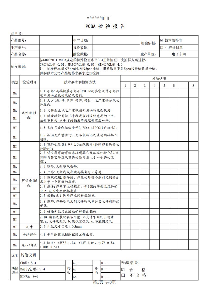 PCBA检验报告