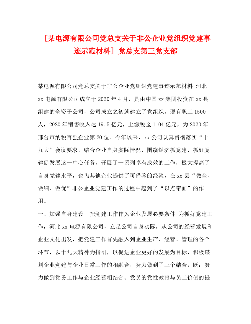 精编之[某电源有限公司党总支关于非公企业党组织党建事迹示范材料]党总支第三党支部