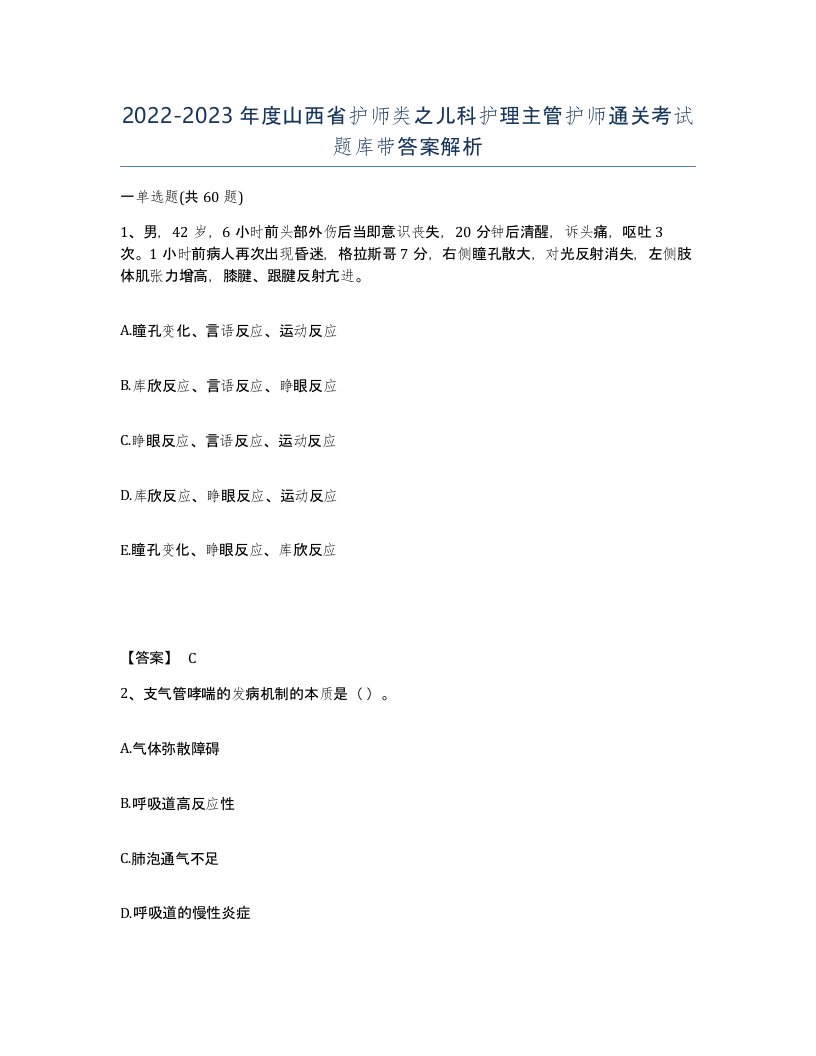 2022-2023年度山西省护师类之儿科护理主管护师通关考试题库带答案解析