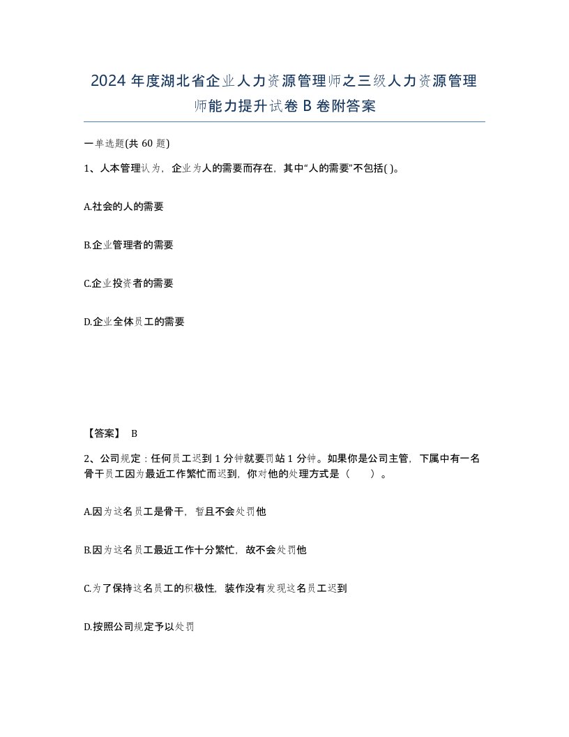 2024年度湖北省企业人力资源管理师之三级人力资源管理师能力提升试卷B卷附答案