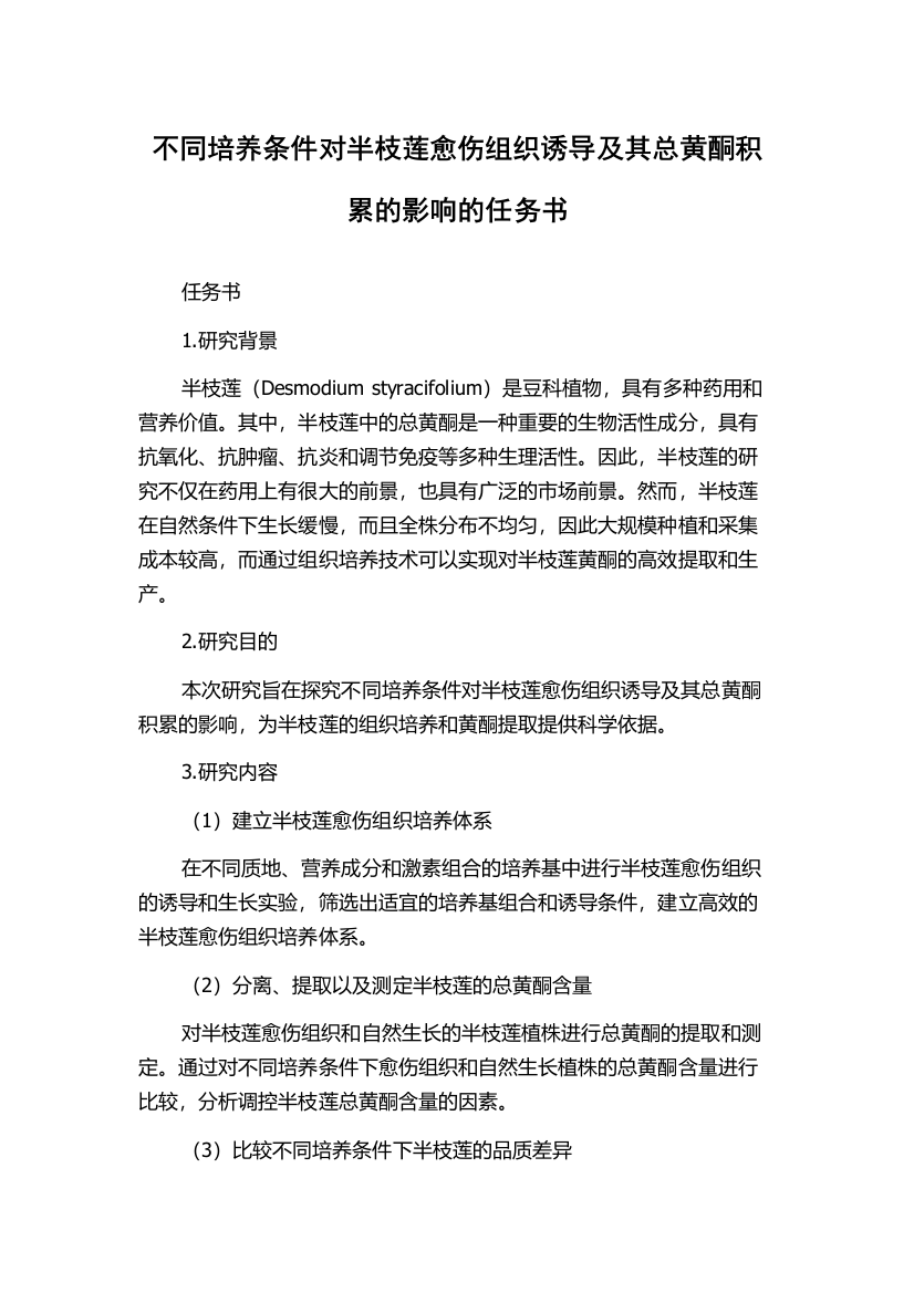 不同培养条件对半枝莲愈伤组织诱导及其总黄酮积累的影响的任务书