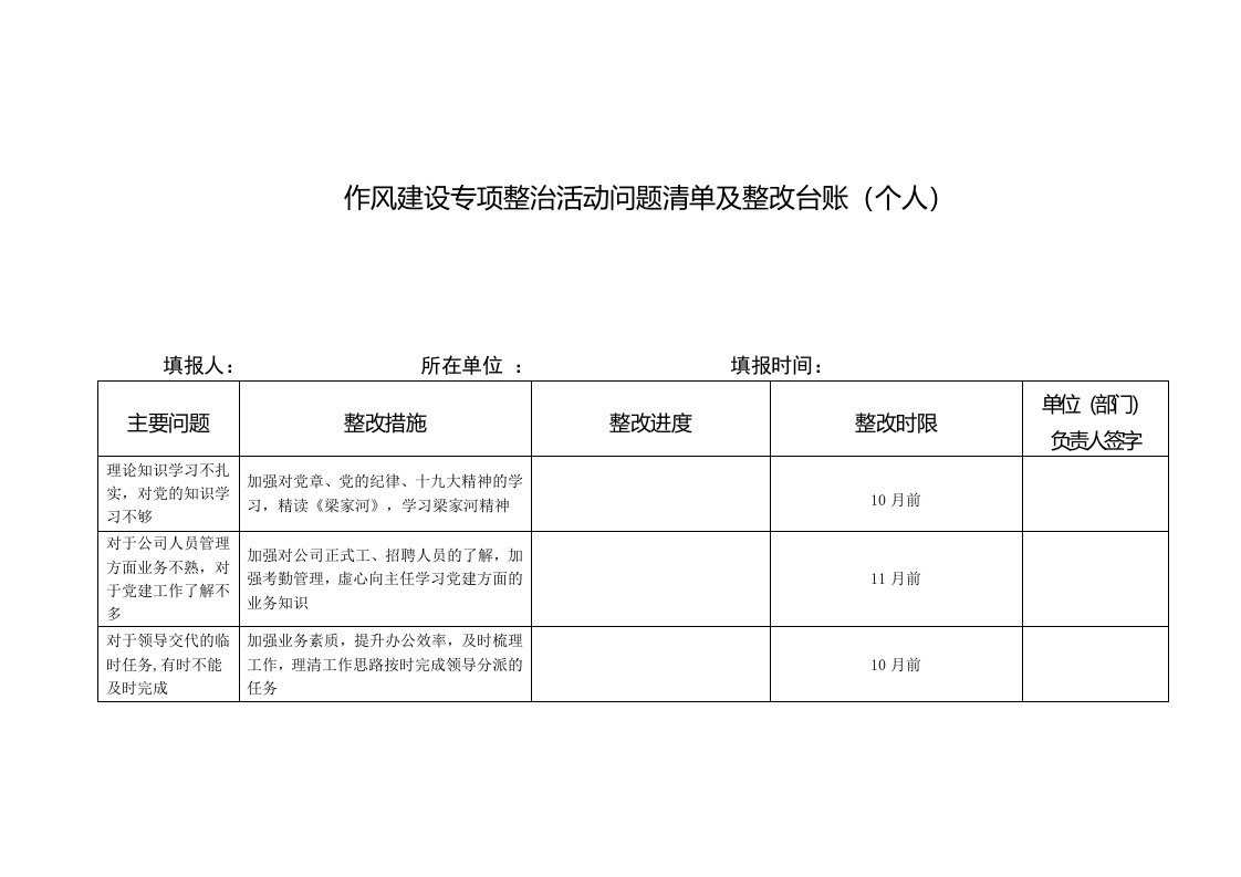 个人作风建设专项整治活动问题清单及整改台账