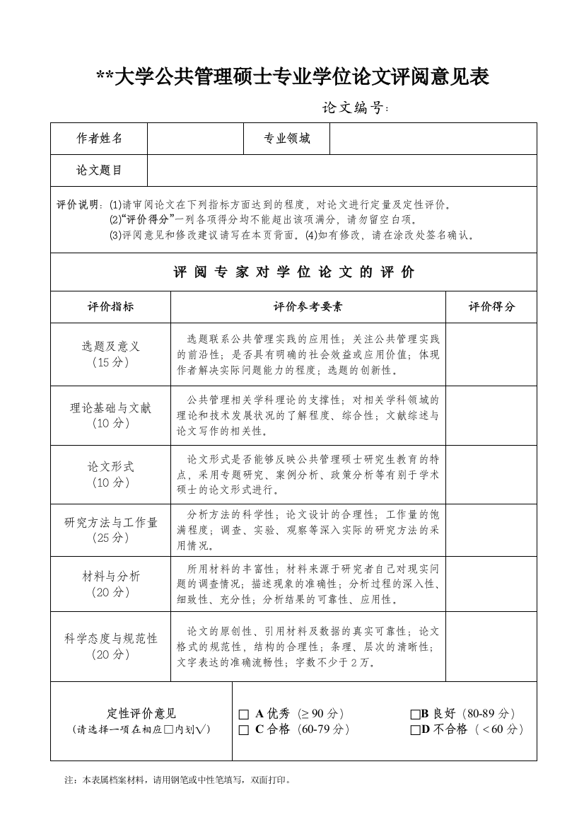 大学公共管理硕士专业学位论文评阅意见表