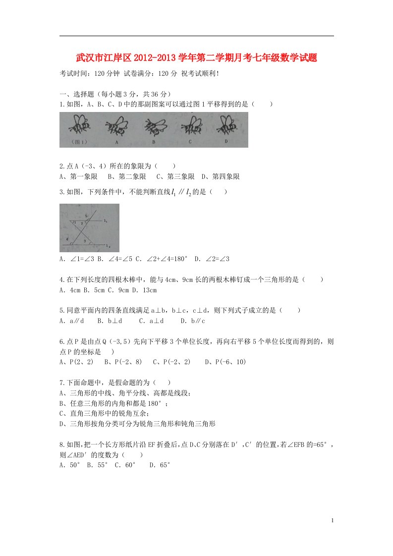 湖北省武汉市江岸区2012-2013学年七年级数三月月考学试题答案不全