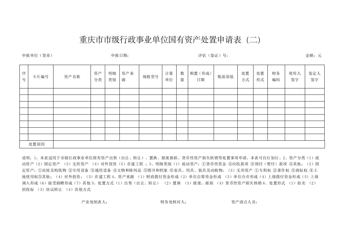 重庆市市级行政事业单位国有资产处置申请表（二）