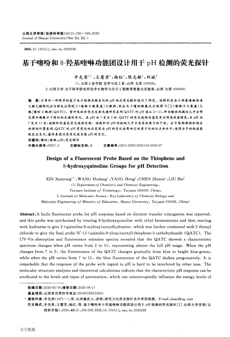 基于噻吩和8-羟基喹啉功能团设计用于pH检测的荧光探针