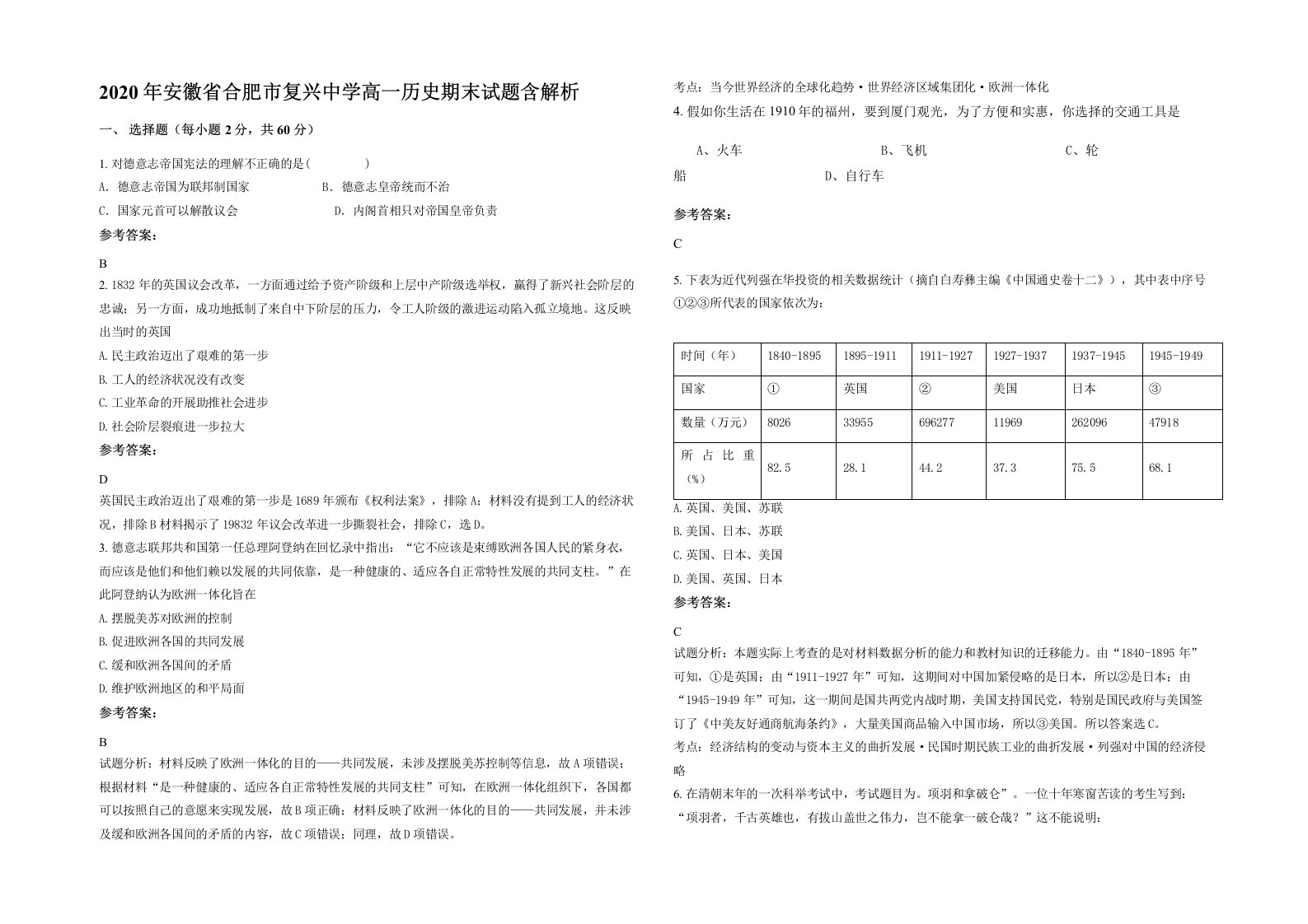 2020年安徽省合肥市复兴中学高一历史期末试题含解析